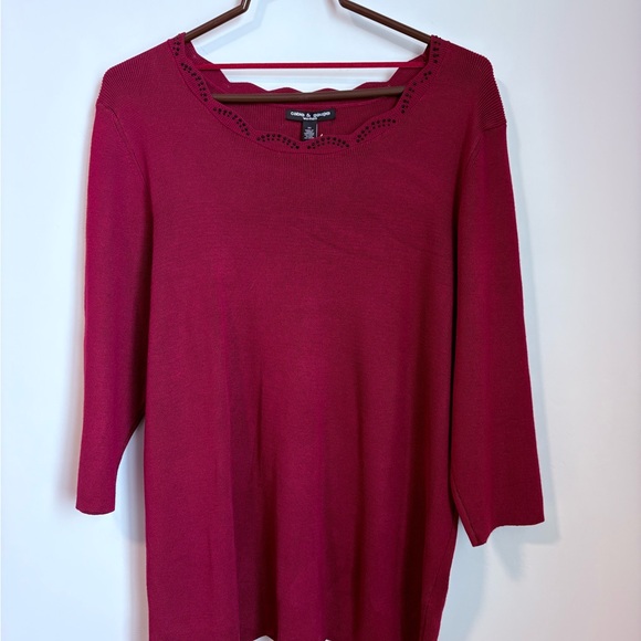 Cable & Gauge Sweaters - Cable & Gauge Deep Berry Knit Top with Embellished Neckline